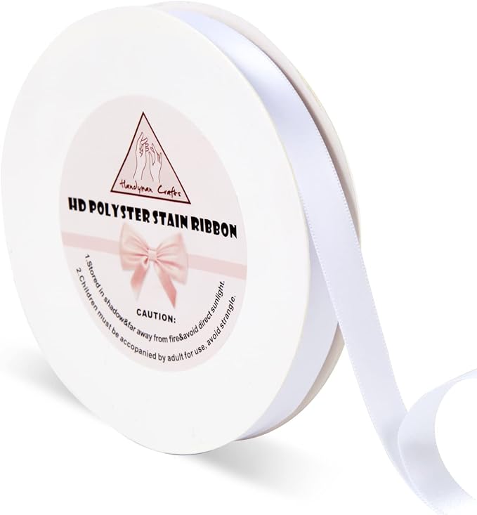 White Satin Ribbon for Gift Warping, 5/8inch 50 Yards Solid Polyester Fabric by HandymanCrafts