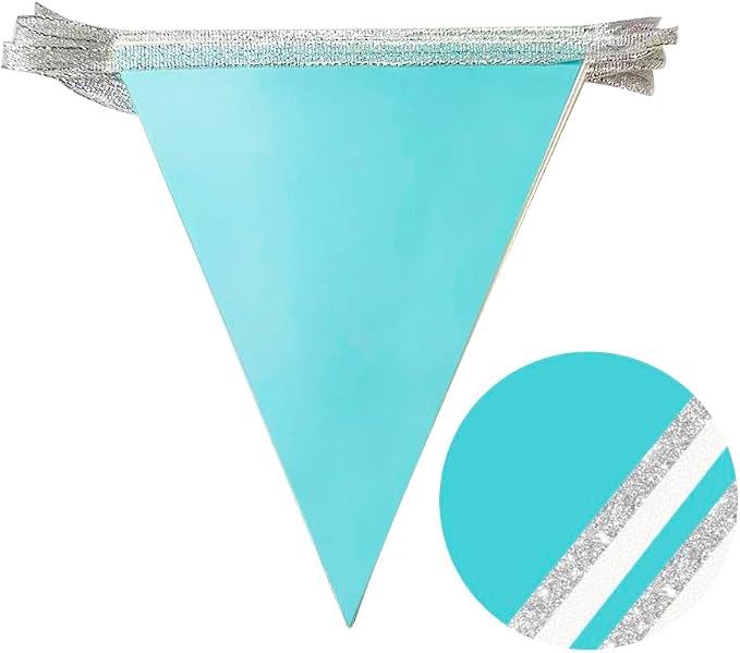 Teal Blue and Silver White Pennant Banner Flag Hanging Glitter Paper Triangle - Image 3