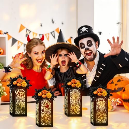 4 Pcs Halloween Table Centerpieces Floral Vase Boxes Spooky Silhouette Cutout Paper Lantern Spider Web Ghost Goodie Candy Boxes for Indoor Table Decor, Party Supplies 5x5x9.5in - Image 6