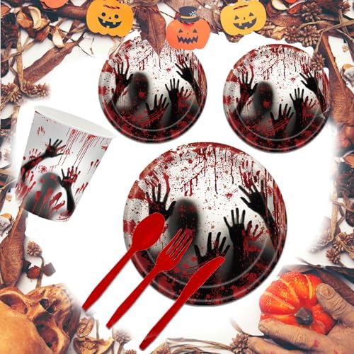 168 Pcs Bloody Halloween Supplies Serve 24 Zombie Horror Halloween Birthday Party Decorations Scream Bloody Good Time Party Plates and Napkins Dinnerware Set Horror Movie Decorations - Image 6