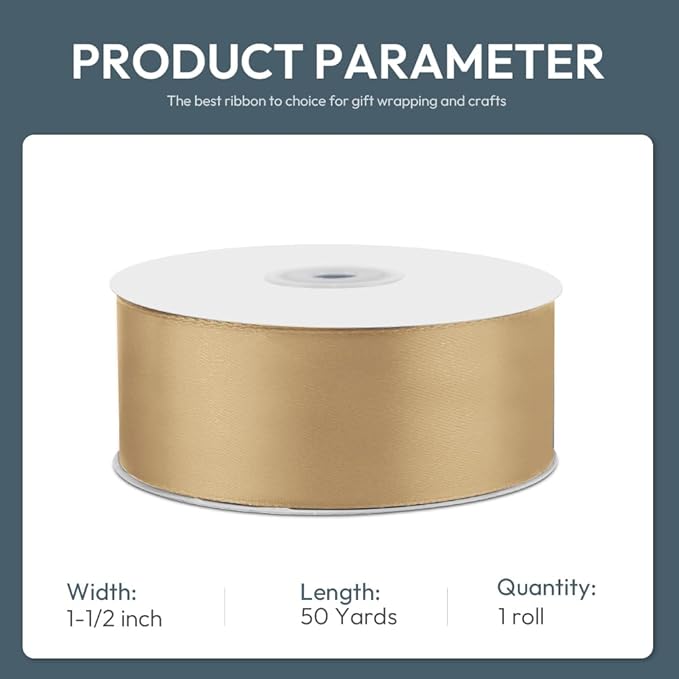 1-1/2" Wide x 50 Yards Champagne Gold Single Faced Polyester Satin Ribbon for Wedding Decor, Wreath, Crafts, Gift Wrapping & Other Projects
