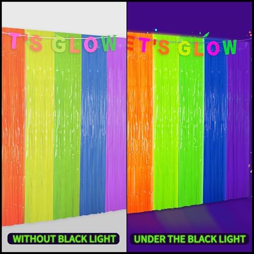 Fayoo Glow in The Dark Tinsel Curtains 2Pack 3.3x6.6ft Neon Party Backdrops - Image 3