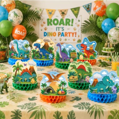 Dinosaur Birthday Decorations - 9 PCS Dinosaur Honeycomb Table Centerpieces - Image 4