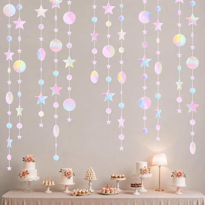 Iridescent Pink Party Decoration Iridescent Pink Star Circle Dot Hanging - Image 5