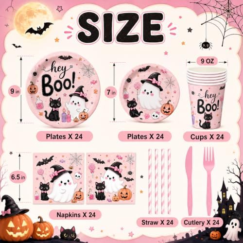 LINHAXM 168 PCS Pink Halloween Party Supplies, Hey Boo Ghost Halloween Plates, Napkins, Cups, Forks, Knives, Straws for Halloween Birthday Baby Shower Decorations, Serves 24 - Image 2