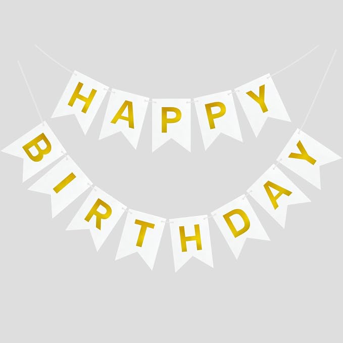White and Gold Happy Birthday Banner Sign by PatiCool