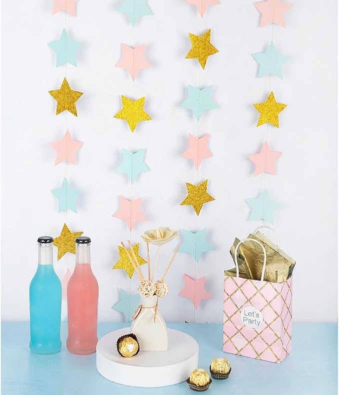 WEVEN Pink Blue Gold Star Garland Glitter Paper Streamers Twinkle Star Banner - Image 4