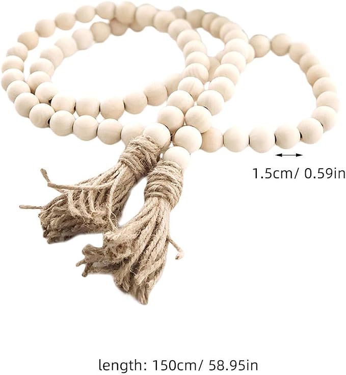 IMIKEYA Wood Bead Garland with Tassels 57In Natural Rustic Farmhouse Decor - Image 5