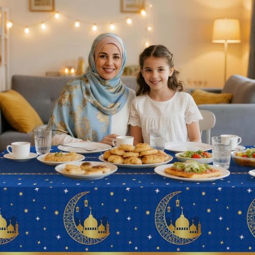 Childom 3 Pack Ramadan Table Cloth,Ramadan Decorations for Home,54" x 108" Eid Mubarak Decorations,Eid Ramadan Tablecloths Rectangular,Blue Plastic Table Cloth Disposable Table Cover for Party Favors - Image 3