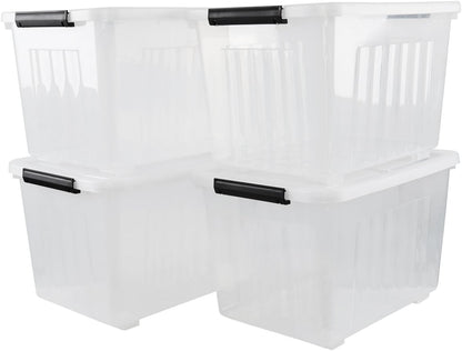 50 Quart Clear Storage Container with Lids and Wheels, 4-Pack Clear Plastic Latching Bins