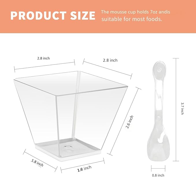 50 Pack 7 oz Clear Plastic Square Dessert Bowls with Spoons，Mini Disposable Parfait Cups for Yogurt, Ice Cream and Tasting，Serving Cups for Appetizer，Pudding，Party (7 oz)