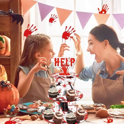 Zliisang Halloween Help Cupcake Stand Spooky Bloody Handprints 3-Tier Cardboard Cake Stand Dessert Table Displays Centerpieces for Halloween Birthday Party Decorations - Image 4