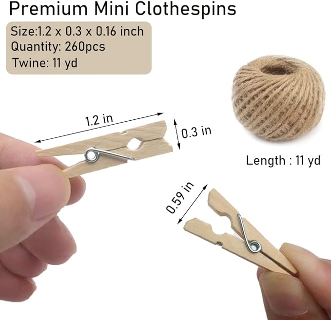 Mini Clothes Pins, 260 PCS Small Wooden Clothes Pin with Jute Twine, Clothespins, Clothes Pins for Photos Crafts DIY Project