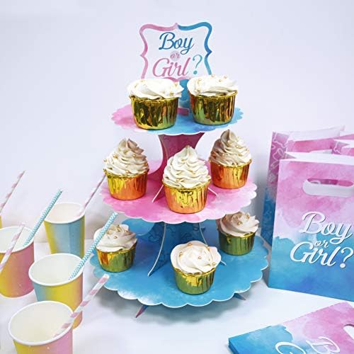 Gender Reveal Cupcake Stand Gender Reveal Party Favors Blue and Pink 3 Tier Cardboard Cake Stand for Party Decorations - Image 4