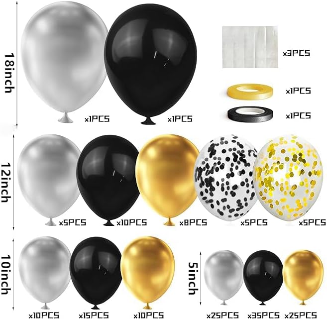160PCS Glod Sliver Black Confetti Balloons Arch Garland Kit - Image 2