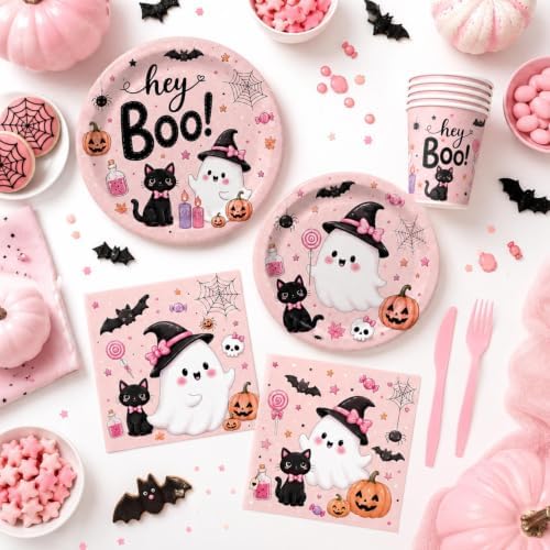 LINHAXM 168 PCS Pink Halloween Party Supplies, Hey Boo Ghost Halloween Plates, Napkins, Cups, Forks, Knives, Straws for Halloween Birthday Baby Shower Decorations, Serves 24 - Image 3