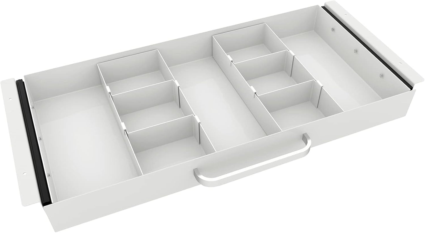 Large Size Under Desk Slide out Pencil Drawer White with Adjustable Space Divider Design for Storing Pencil and Office Accessories, Underdesk Pull out Tray Organizer Mounted for Sit Stand Workstation
