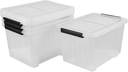 30 Quart Clear Plastic Latch Storage Bins with Wheels, 4-Pack Wheeled Clear Storage Totes