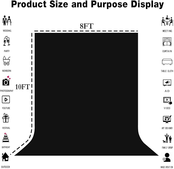 8x10FT Black Screen Backdrops Solid Photo Backdrops Photography Background for Meeting Wall, Party, Videos