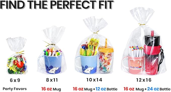 PigPotParty 12"x 16", 100Pcs Bottom Gusset Bags, Clear Plastic Cellophane Mug Treat Goodie Gift Bags with 100x Twist Ties, Large Party Favor Packaging, Toy Wrapping (No Side Gusset)