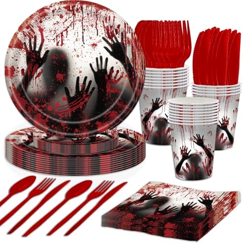168 Pcs Bloody Halloween Supplies Serve 24 Zombie Horror Halloween Birthday Party Decorations Scream Bloody Good Time Party Plates and Napkins Dinnerware Set Horror Movie Decorations by AWLZJZQA