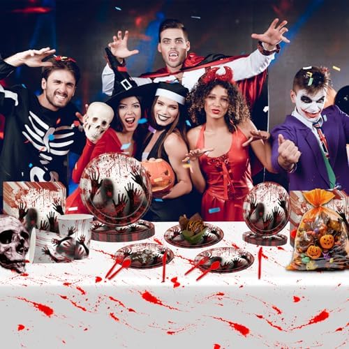 168 Pcs Bloody Halloween Supplies Serve 24 Zombie Horror Halloween Birthday Party Decorations Scream Bloody Good Time Party Plates and Napkins Dinnerware Set Horror Movie Decorations - Image 5