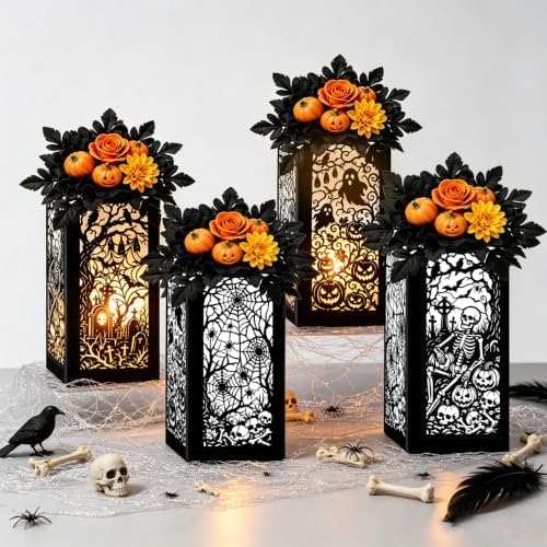 4 Pcs Halloween Table Centerpieces Floral Vase Boxes Spooky Silhouette Cutout Paper Lantern Spider Web Ghost Goodie Candy Boxes for Indoor Table Decor, Party Supplies 5x5x9.5in by Urlax