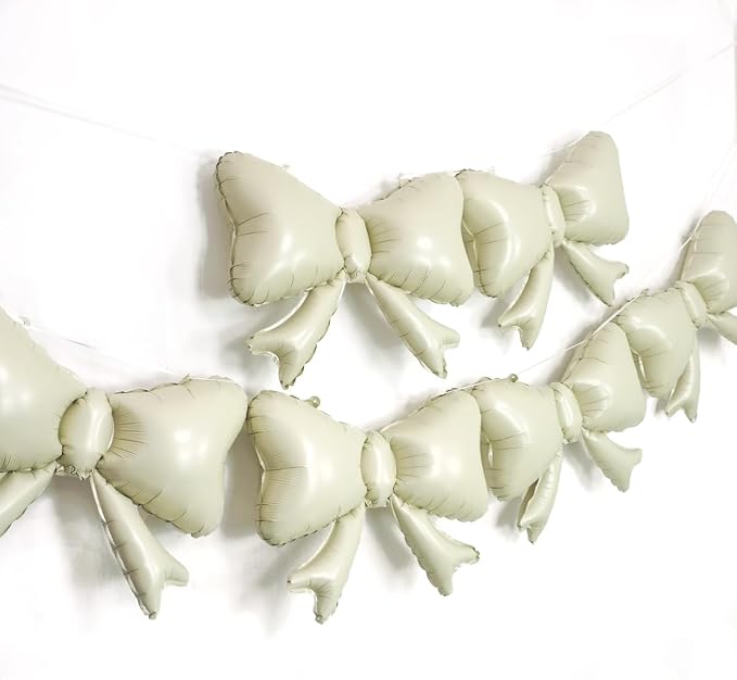 6 Pieces Bow Balloons, Cream White Matte Metallic Foil Bowtie Balloon - Image 6