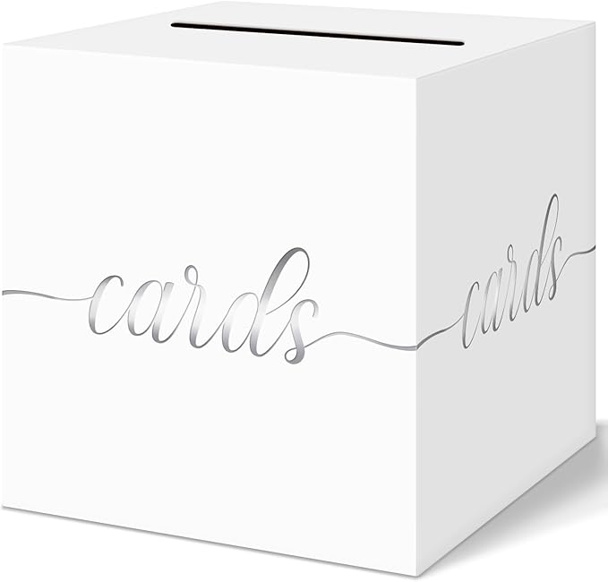QIKSION White Wedding Card Box, Silver Foil Gift Card Box for Party, Wedding Reception, Graduation, Birthday, Baby Shower, Raffle