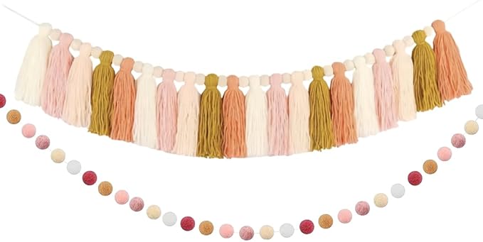 Yellow Pink Tassel Garland, Pom Pom Garland, Kids Room, Baby Shower, Birthday by CEUQIESO