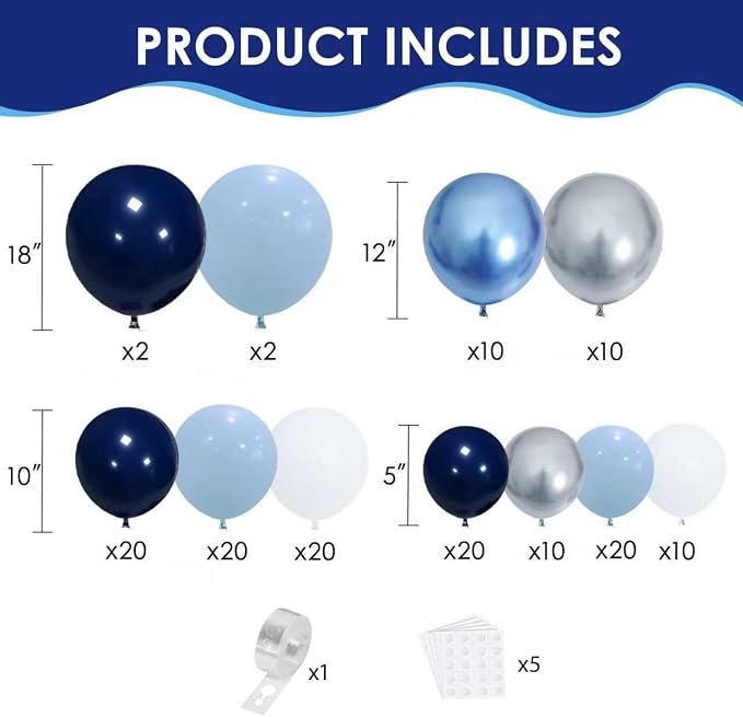 Blue White Silver Balloons Arch Kit, Party Dcoration | Navy/Light/Dark Pearl - Image 2