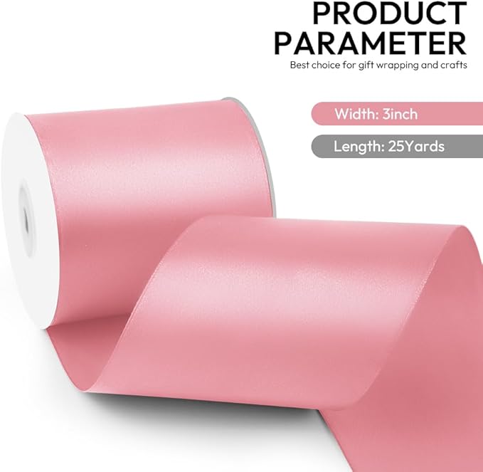 3 Inch 25 Yard Wide Satin Ribbon Pink, Solid Fabric Large Ribbon Roll for Cutting Ceremony Wedding Opening Party Decoration, Chairs, Sewing, Festival Pageant Sashes