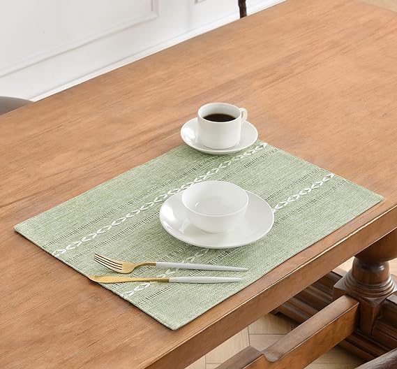 Wracra Cotton Linen Place Mats, Sage Green Embroidered Placemats Set of 6 | - Image 3