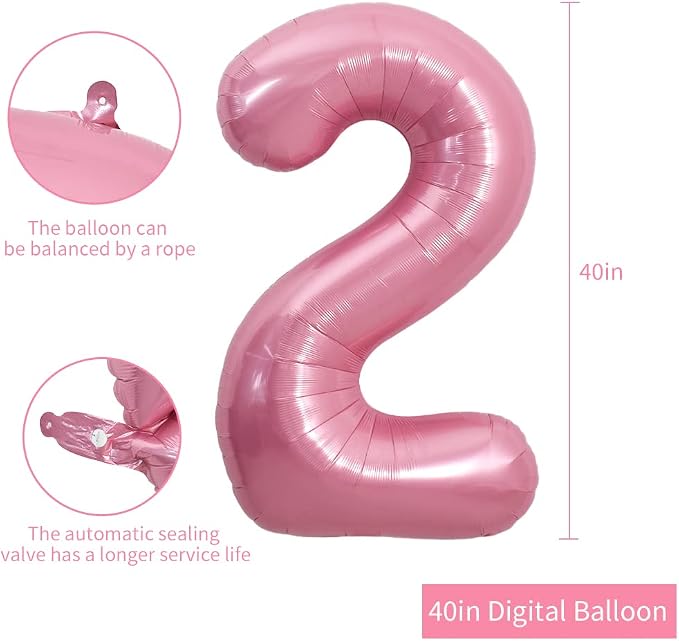 TONIFUL 40 Inch Pink Number 2 Balloons Large Foil 2nd Birthday Decorations | - Image 2