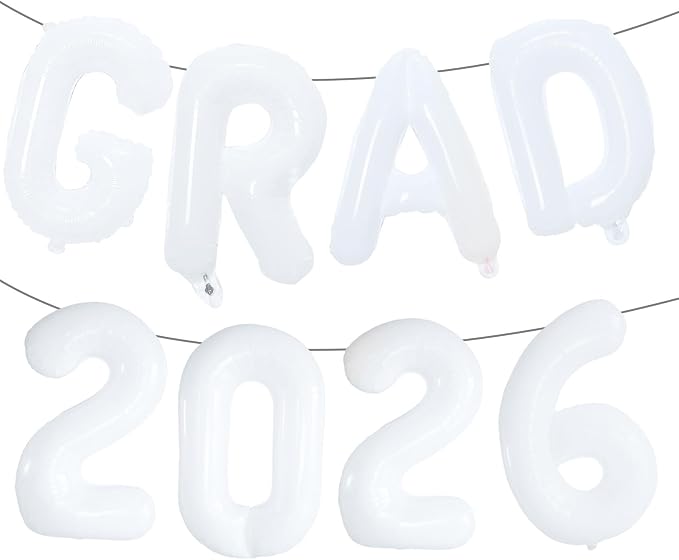 White GRAD 2026 Banner Balloons, 16 Inch Mylar Foil letter Graduation Balloons by KALOR