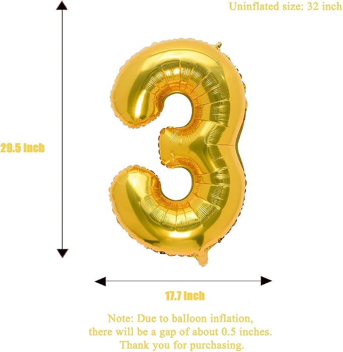 32 Inch Gold Number 3 Balloons Foil Ballon Digital Birthday Party Decoration - Image 3