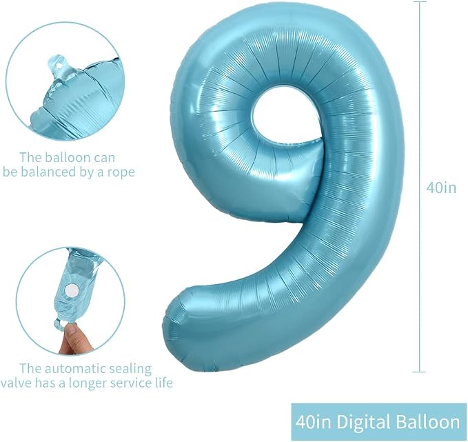 TONIFUL 40 Inch Light Blue Large Numbers Balloons 0-9, Number 9 Digital Helium - Image 2