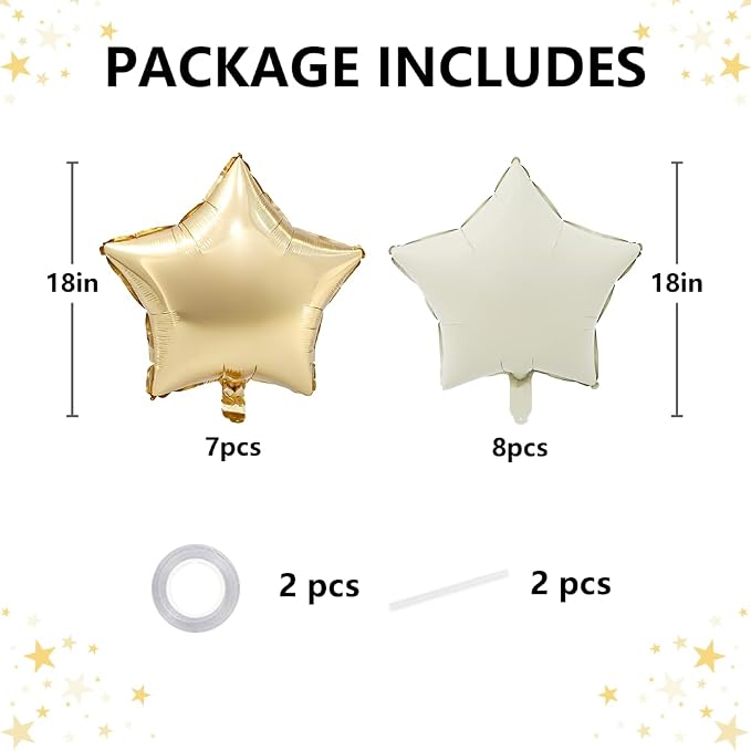 TONIFUL 15 Pcs Star Shaped Balloons 18 Inch Cream White Gold Foil Balloon | - Image 2