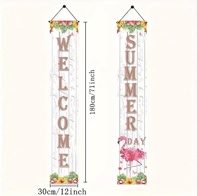 BlissYard 2pcs Welcome Summer Door Banner Hawaiian Flamingo Porch Banners Sign - Image 2
