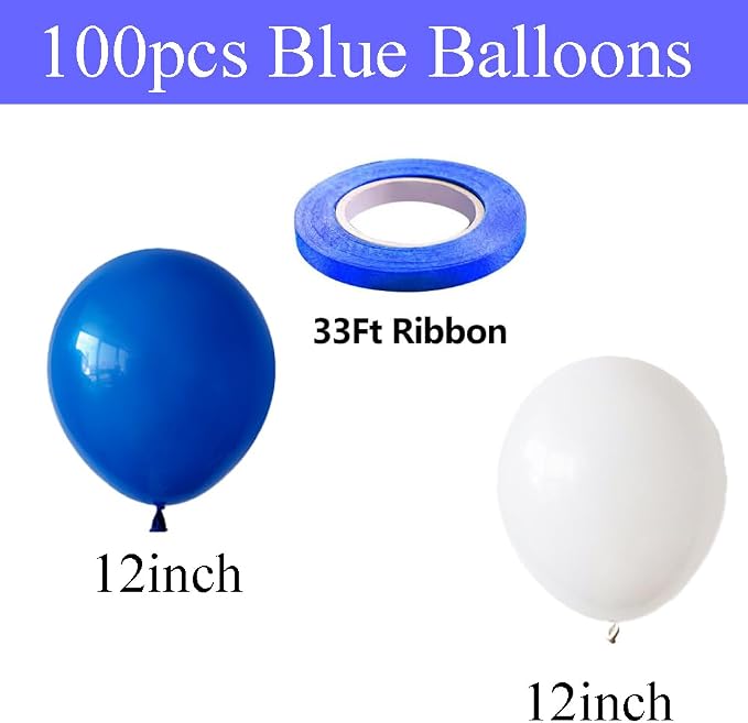 100pcs Royal Blue and White Balloons 12 Inch w/Ribbon - Image 2