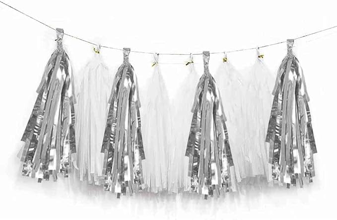 AIM & GGKK White and Silver Tassel Garland Banner Tissue Paper Tassels by AIMGGKK