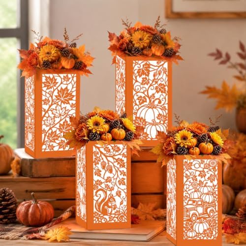 4PCS Fall Decorations for Home Thanksgiving Table Centerpiece Box for Floral Arrangements Autumn Harvest Table Decor with Maple Leaves Pumpkin Squirrel Truck Design - Image 4