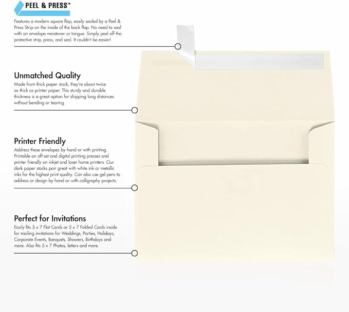 LUXPaper A7 Invitation Envelopes | Peel & Press | 5 1/4" x 7 1/4" | Natural Linen | 80lb. Text | 500 Qty