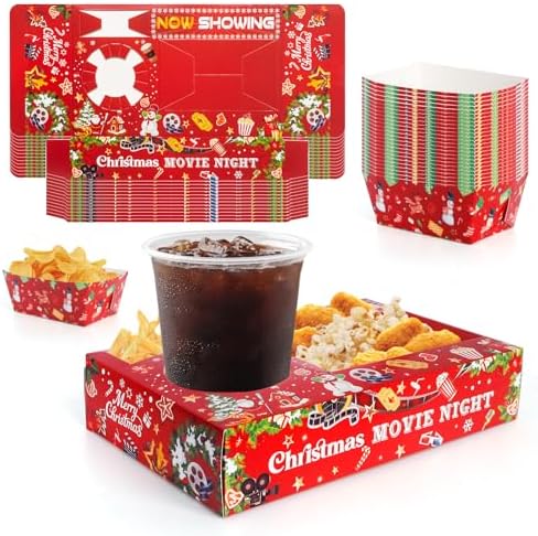 48 Pcs Christmas Party Supplies Movie Night Paper Snack Trays Xmas Party Decorations Christmas Birthday Favors Snowman Family Movie Popcorn&Drink&Candy Box by Pecopcock