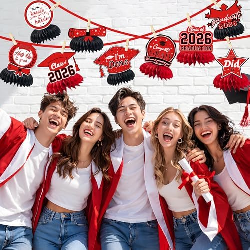 Graduation Decorations 2026 2027 - Red Graduation Honeycomb for Table Centerpiece | Graduation Party Decorations Class of 2026,Table Toppers for Graduation Party Favors Supplies Indoor Outdoor - Image 5