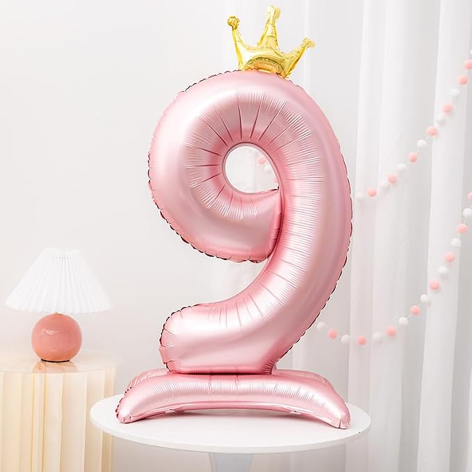 Pink Crown Number 9 Balloon Standing Pink Princess digital 9 Foil Balloon | - Image 5