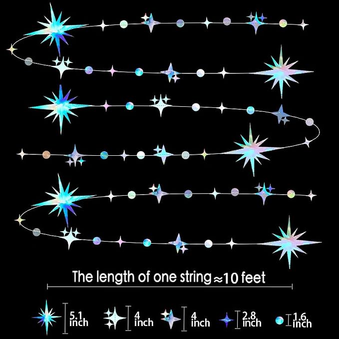 Glitter Iridescent Star Circle Dot Garland 30 Feet Twinkle Iridescent Star - Image 2