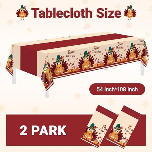 Thanksgiving Tablecloth,2 Pack Disposable Plastic Tablecloths for Rectangle Tables 54"x108",Thanksgiving Decorations,Turkey Table Cloths for Home,Dinner,Give Thanks Table Cover for Picnic,Birthday - Image 2