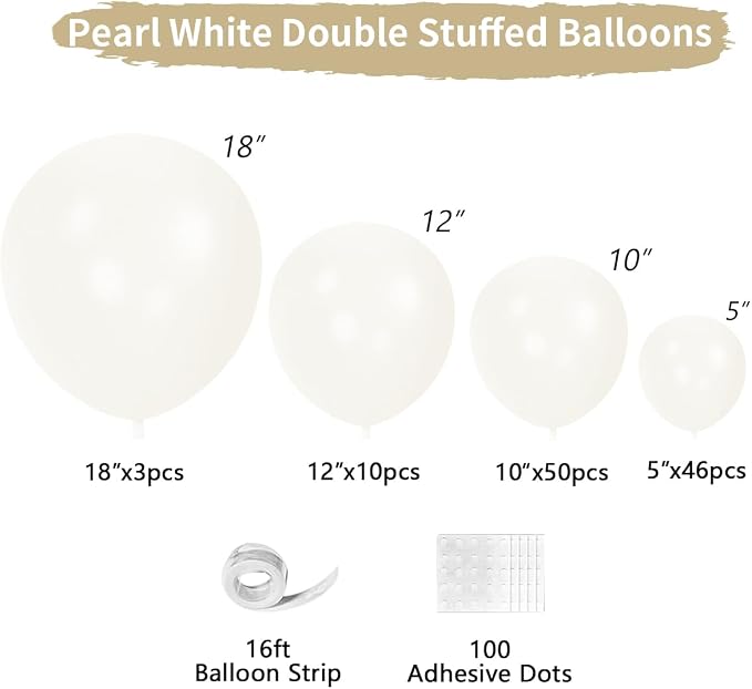 Double Stuffed White Balloons Different Size 115Pcs 5/10/12/18 Inch White Pearl - Image 2