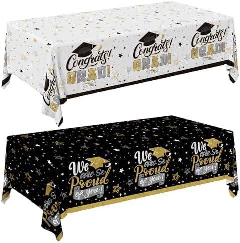 Gatherfun Graduation Decorations 2026-2 Pcs Black and Gold Gongrats Grad Tablecover for Graduation Party Decorations，Grad Plastic Table Covers 54"x108" by Gatherfun